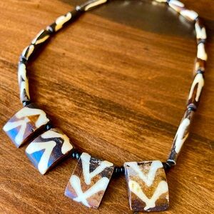 Batik Animal‎ Print Bone Bead Necklace in Brown and Cream